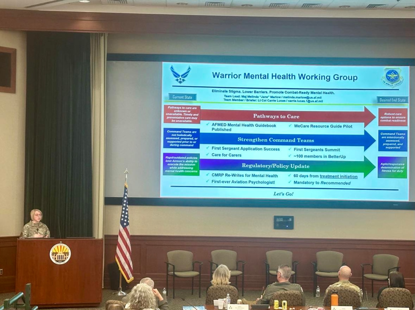 Warrior Mental Health Working Group slides are briefed at Air Mobility Command's Spring 2024 Phoenix Rally at MacDill Air Force Base, Florida, April 29, 2024. The Air Force’s mental health waiver policy in both the Air Force’s Medical Standards Directory (MSD) and Aerospace Medicine Waiver Guide has been updated to allow for Airmen to receive 60 days of treatment for mental health concerns before a return to duty waiver to fly is required. (U.S. Air Force photo by Air Mobility Command Public Affairs)