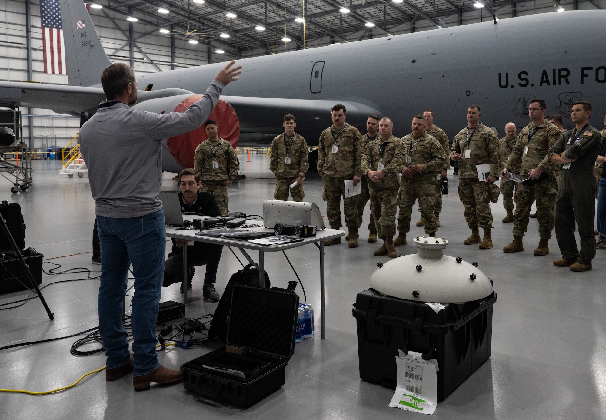 Bret McElroy, Creaform account manager, speaks to Airmen and other industry partners about his company’s technology during STRATO-Tech, a convention for the sustainment of the KC-135 Stratotanker, April 22, 2024, in Wichita, Kansas. Air Mobility Command, the National Center for Manufacturing Sciences, Wichita State University’s National Institute for Aviation Research, and U.S. Transportation Command partnered to create a testbed that finds innovative technology to keep the KC-135 relevant and fit to fight. (U.S. Air Force photo by Staff Sgt. Tryphena Mayhugh)