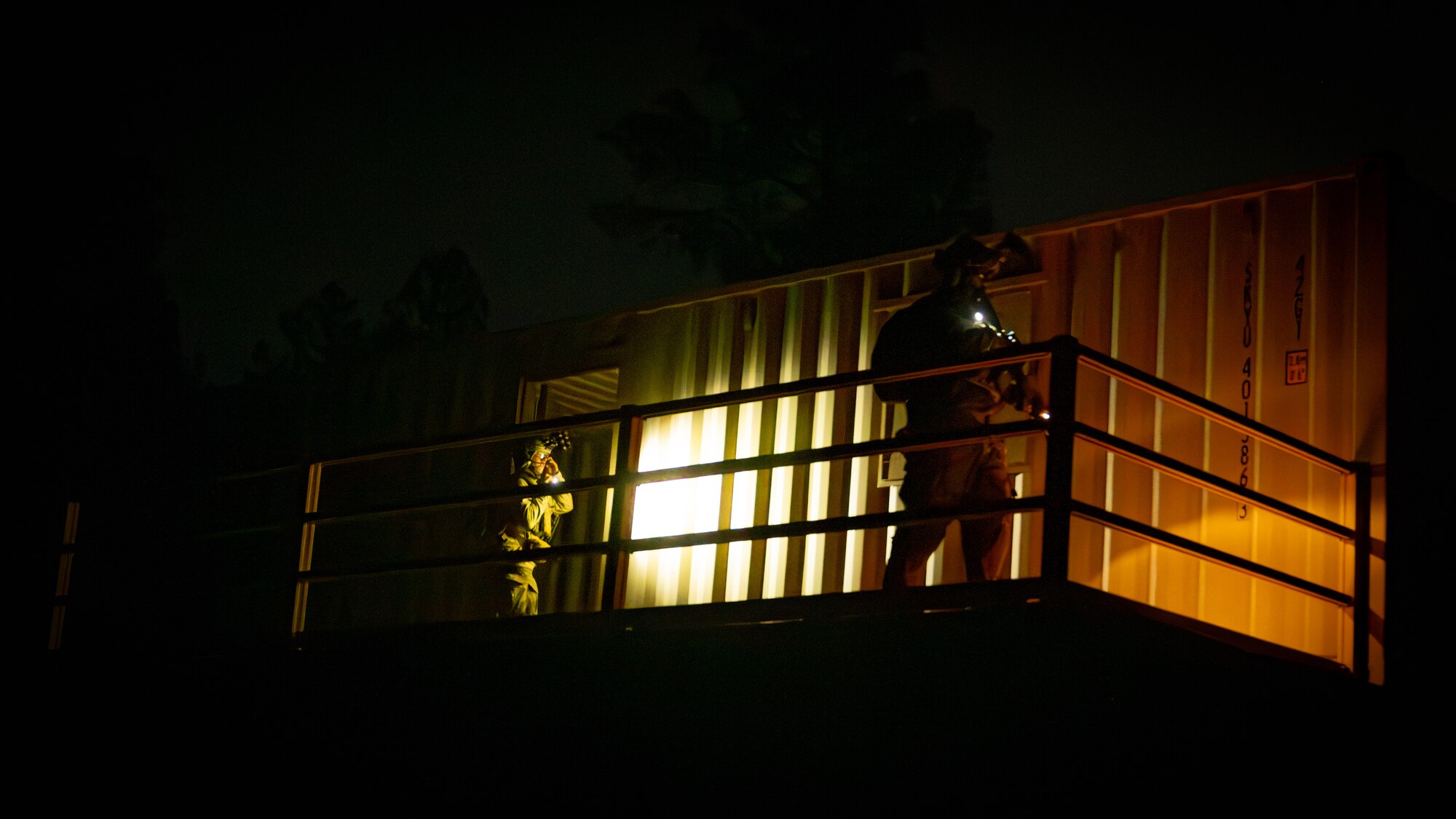 U.S. Air Force Airmen assigned to the 56th Civil Engineer Squadron Explosive Ordnance Disposal flight participate in a night infiltration scenario during exercise Operation Pegasus at Camp Navajo, Arizona, April 21-26, 2024.