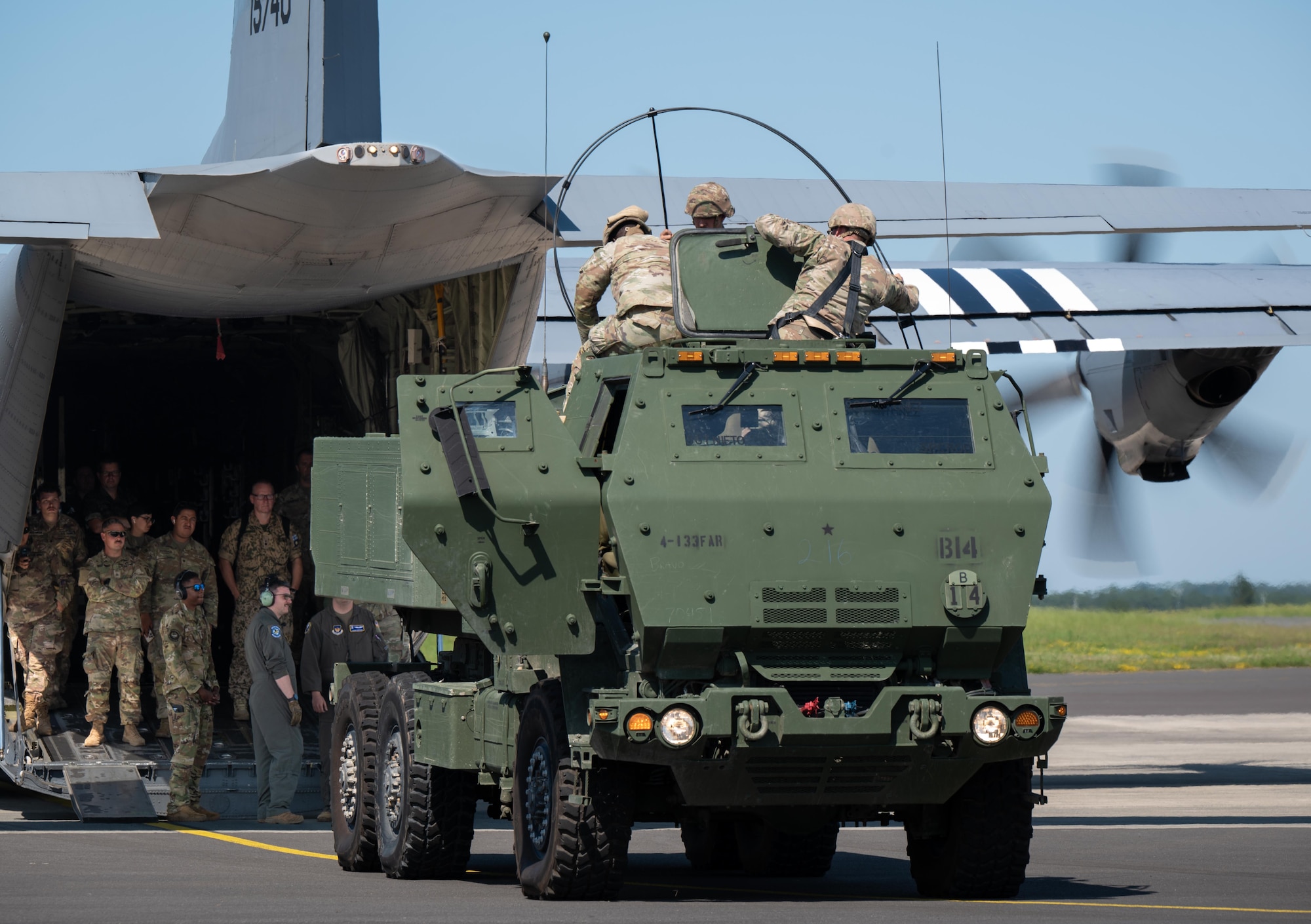 U.S. Army National Guard M142 High Mobility Artillery Rocket System (HIMARS) crewmembers from the 4th Battalion, 133rd Field Artillery Regiment demonstrate quickly setting up the radio communication system and simulate firing rockets after landing at Chievres Air Base, Belgium, July 29, 2024.