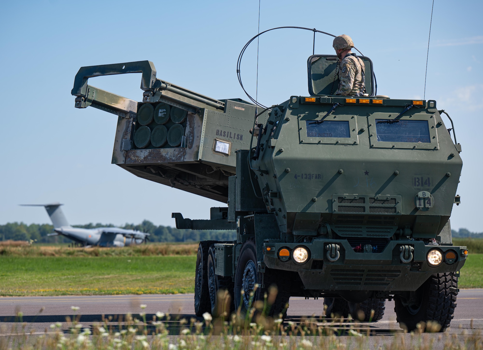 U.S. Army National Guard 4th Battalion, 133rd Field Artillery Regiment M142 High Mobility Artillery Rocket System (HIMARS) crewmembers simulate firing rockets during rapid insertion training at Chievres Air Base, Belgium, July 29, 2024.