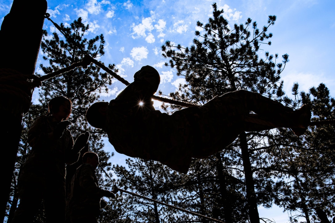 The silhouettes of Air Force cadets are seen against trees and blue sky as one traverses a rope obstacle while others watch.