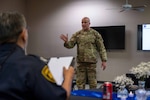 Maj. Dexter Binion, 502d Security Forces Squadron commander, addresses a room of law enforcement officers from the community during a luncheon at Joint Base San Antonio-Fort Sam Houston, July 30, 2024. The event served as a meet and greet for all attending, allowing them to build camaraderie between agencies, and served as a platform to introduce training opportunities to help each other in becoming more successful law enforcement units. (U.S. Air Force photo by Taylor Curry)