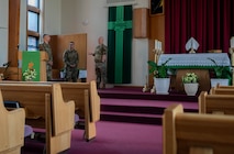 U.S. Air Force Col. Darren Duncan, U.S. Strategic Command command chaplain (left), is given a tour of the Northern Lights Chapel at Minot Air Force Base, North Dakota, July 30, 2024. Duncan is the principle advisor for one of 11 unified commands under the Department of Defense regarding the role of religion as it affects the operations across the competition continuum and to provide for the free exercise of religion for authorized personnel. (U.S. Air Force photo by Airman 1st Class Luis Gomez)