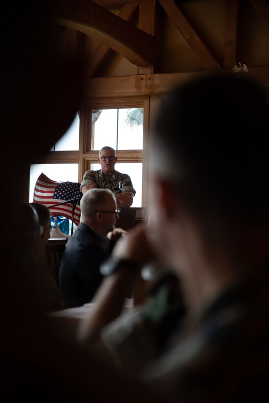 U.S. Marine Corps Lt. Col. Timothy J. Salvino, program manager for the Innovative Readiness Training Marine Corps component, Marine Forces Reserve, speaks during the distinguished visitor brief of the IRT, Stonewall State Park, West Virginia, July 25, 2024. The mission of IRT is to produce mission-ready forces through military training opportunities that provide services for American communities. (U.S. Marine Corps photo by Lance Cpl. Kanoa Thomas)