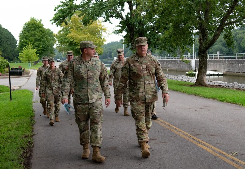 Maj. Gen. Warner Ross II, right, adjutant general of the Tennessee National Guard, speaks with Lt. Col. Robert Green, commander of the U.S. Army Corps of Engineers Nashville District, at Cheatham Lock and Dam in Ashland City, Tennessee, July 29, 2024. (USACE Photo by Jeremy Croft)