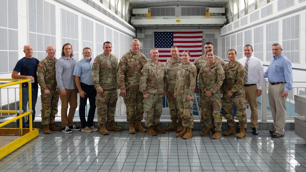 Members of the Tennessee National Guard visit the Cheatham Powerhouse with U.S. Army Corps of Engineers Nashville District officials in Ashland City, Tennessee, July 29, 2024. The adjutant general of the TNG, Maj. Gen. Warner Ross II, visited the facility to learn about USACE capabilities and explore current and future partnerships to help the Guard fulfill its missions in Tennessee, which include military readiness and emergency support to civil authorities. (USACE Photo by Jeremy Croft)