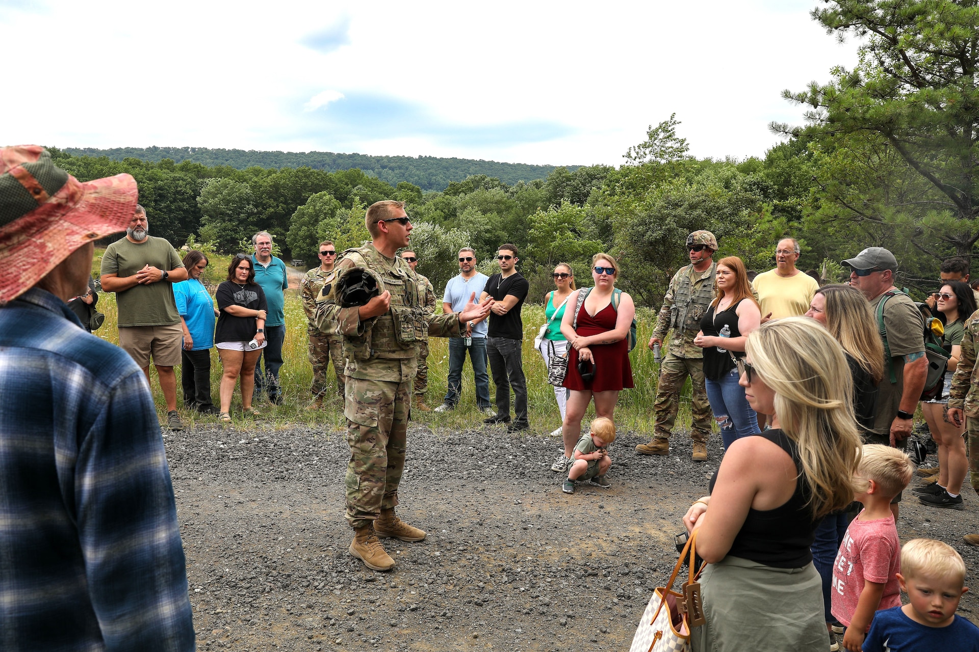 Approximately 200 family members joined nearly 250 U.S. Soldiers with 1st Battalion, 109th Field Artillery Regiment, 55th Maneuver Enhancement Brigade, 28th Infantry Division, Pennsylvania Army National Guard, for a family day event during the unit's annual training July 20, 2024, at Fort Indiantown Gap, Pennsylvania. (U.S. Army National Guard photo by Sgt. 1st Class Zane Craig)