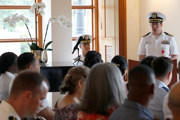 SINGAPORE (July 26, 2024) Capt. Jonathan Stahl speaks at the Naval Medical Research Unit (NAMRU) INDO PACIFIC change of command ceremony in which he was relieved by Capt. Nicholas Martin as commanding officer NAMRU INDO PACIFIC conducts research in cooperation with host nations in Australia, Korea, Laos, Malaysia, Mongolia, Papua New Guinea, Singapore, Thailand, and Vietnam to improve global health, ensure military force health protection and address infectious diseases such as malaria, dengue fever virus and gastro-intestinal pathogens. (U.S. Navy photo by Tommy Lamkin/Released)