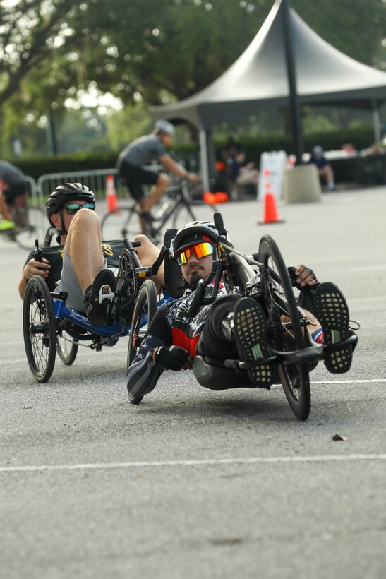 U.S. Army veteran Michael Villagran participates in cycling familiarization during the 2024 Department of Defense Warrior Games
