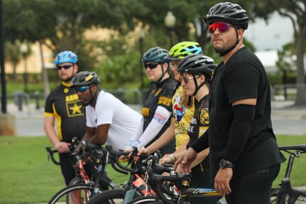 U.S. Army Spc. Janmiguel Torres-Cruz and other Team Army athletes prepare for cycling familiarization during the 2024 Department of Defense Warrior Games