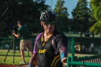 U.S. Army veteran Gerald Blakley takes a moment after his race at the track event during the 2024 Department of Defense Warrior Games