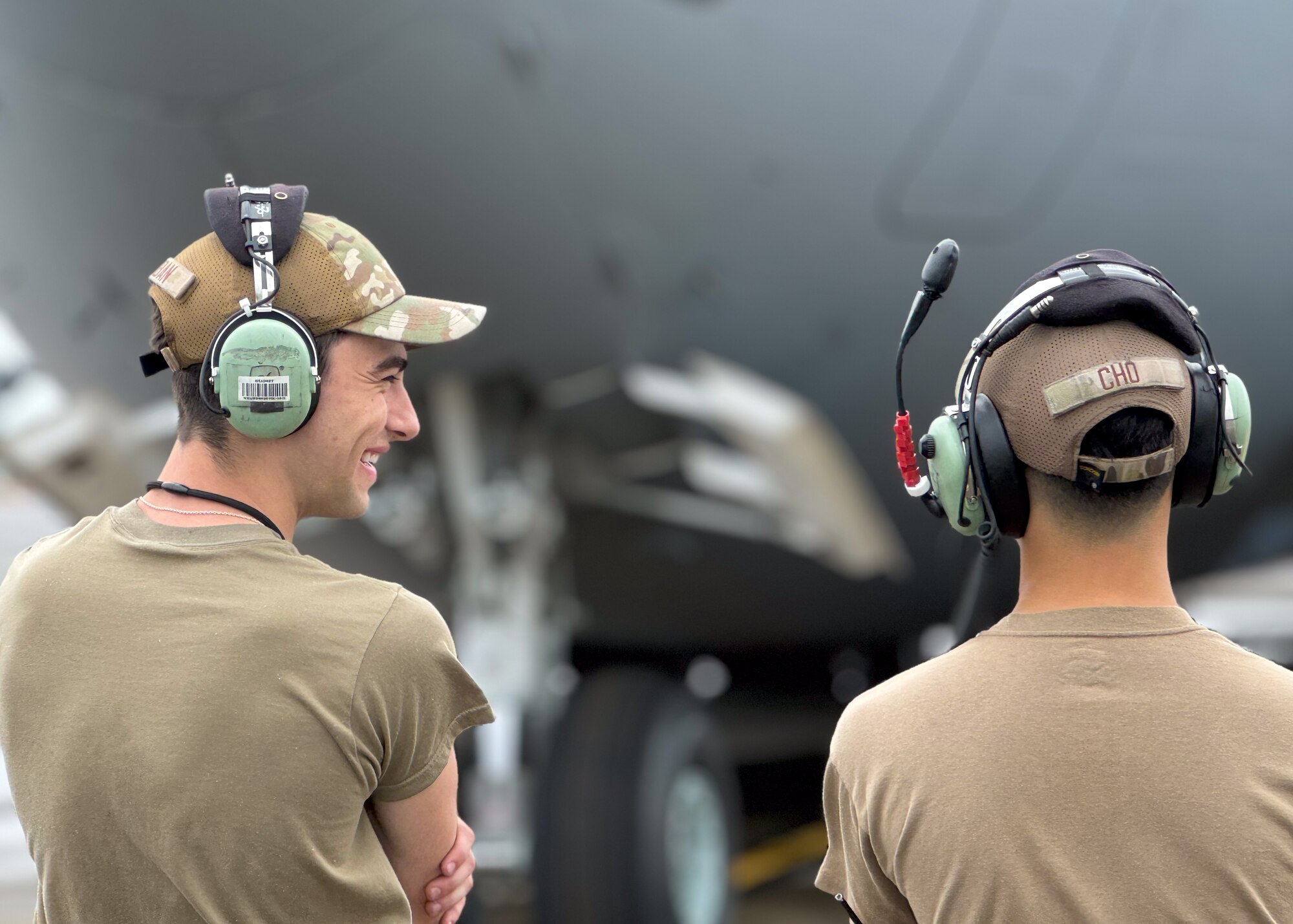 U.S. Air Force Airmen perform pre-flight checks at Joint Base Lewis-McChord, Washington, July 29, 2024. Crew chiefs from the 62d Aircraft Maintenance Squadron are responsible for many tasks including aircraft maintenance, inspections, repairs, and marshalling aircraft departing and arriving.