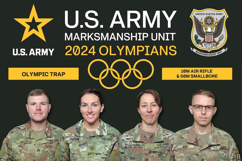 A black graphic featuring photos of four soldiers competing in the 2024 Olympics.