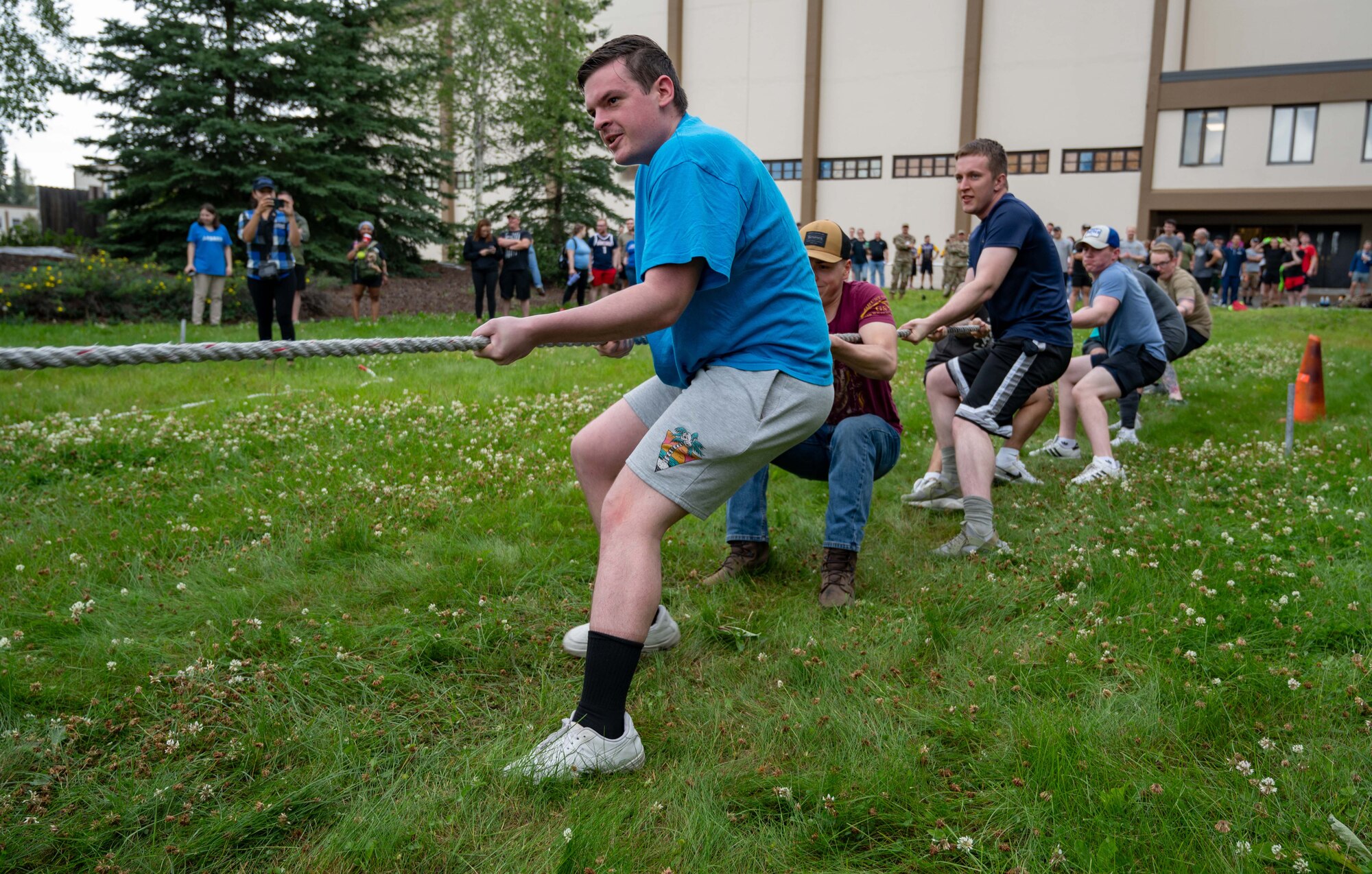 Airmen from the 354th Fighter Wing participate in tug-o-war during Icemen Sports Day, on Eielson Air Force Base, Alaska, July 26, 2024.