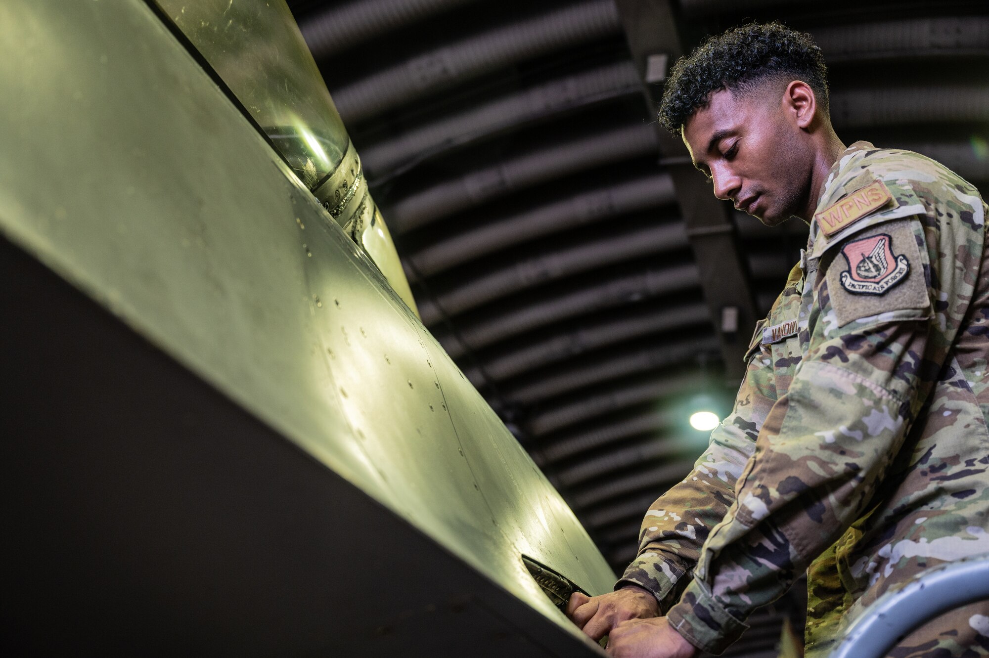 U.S. Air Force Staff Sgt. Malik Van Diver, 36th Fighter Generation Squadron weapons load crew chief, performs maintenance on an F-16 Fighting Falcon at Osan Air Base, Republic of Korea, July 30, 2024. Van Diver earned the title of Mustang of the Week for his dedication to the 36th FGS. Van Diver is responsible for ensuring that munitions are properly loaded onto aircraft as well as maintaining the armament systems for one of the largest fighter generation squadrons in the Air Force. (U.S. Air Force photo by Staff Sgt. Christopher Tam)