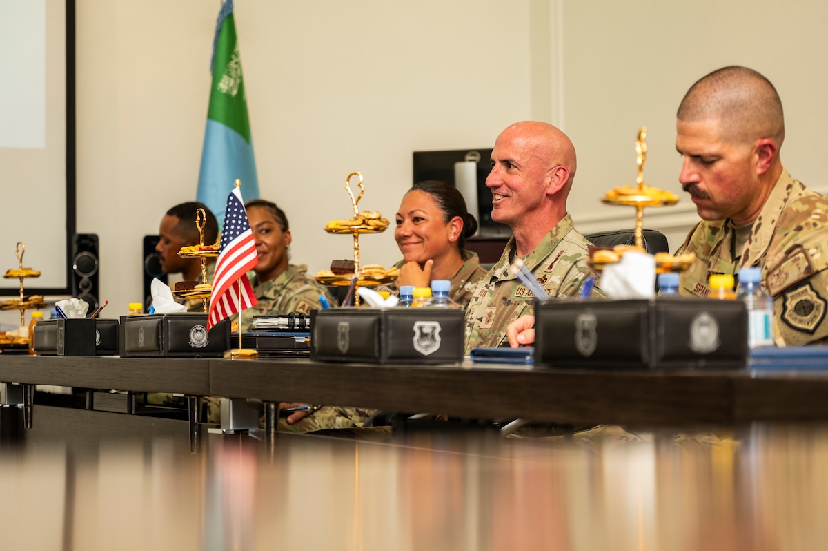 Chief Master Sgt. of the Air Force David Flosi speaks to key regional partners at an undisclosed location within the U.S. Central Command area of responsibility, July 23, 2024. During his historic first visit to CENTCOM, Flosi met with key regional partners and 378th AEW leadership, discussing Air Force priorities and thanked them for their sacrifices and dedication to the mission.  (U.S. Air Force photo)