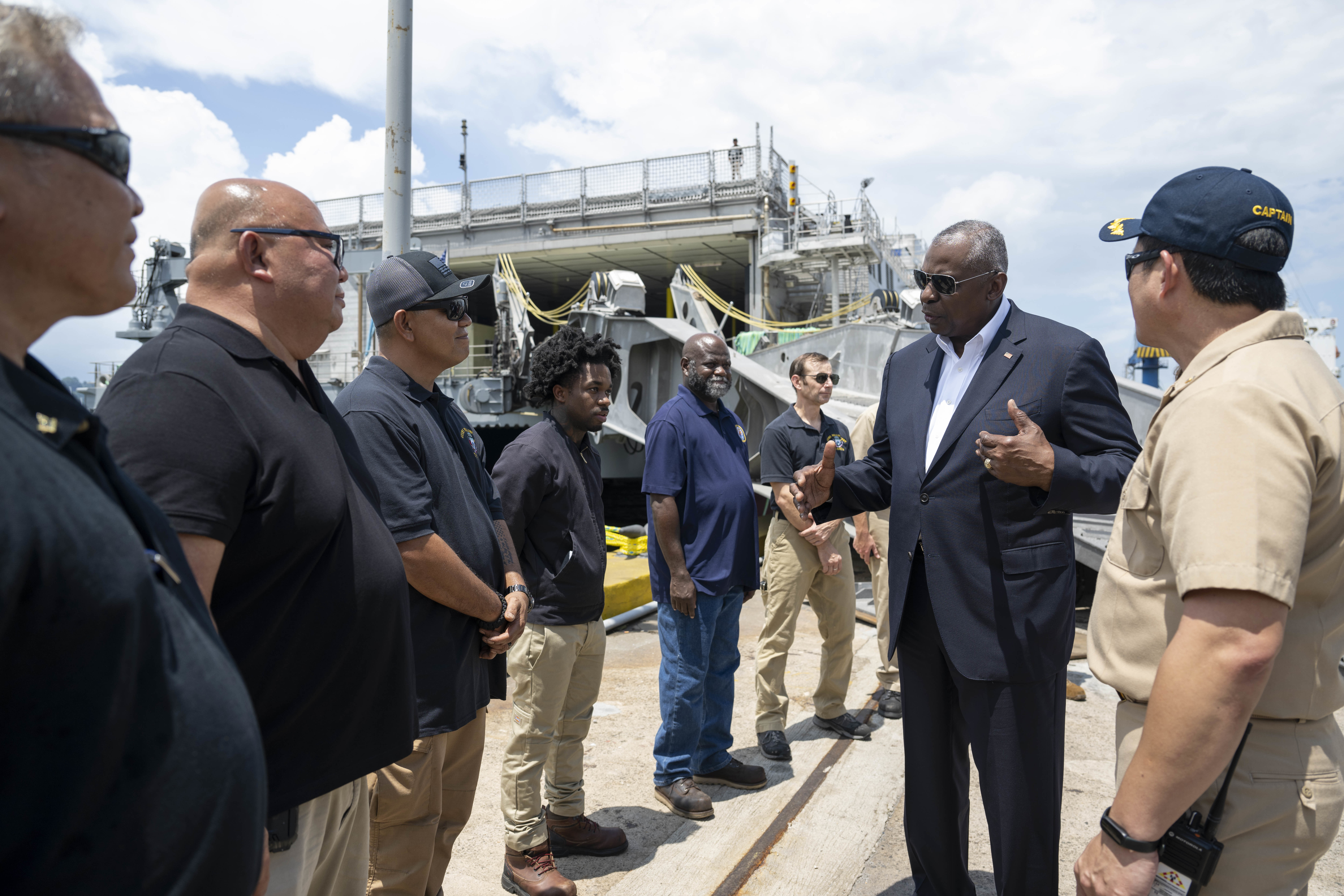 Secretary of Defense Lloyd J. Austin III meets with crewmembers of the USNS Millinocket (T-EPF 3) alongside Navy civil service mariner Capt. Erwin F. Lao, ship'smaster, during the defense secretary's visit to Subic Bay, Philippines, July 31, 2024.