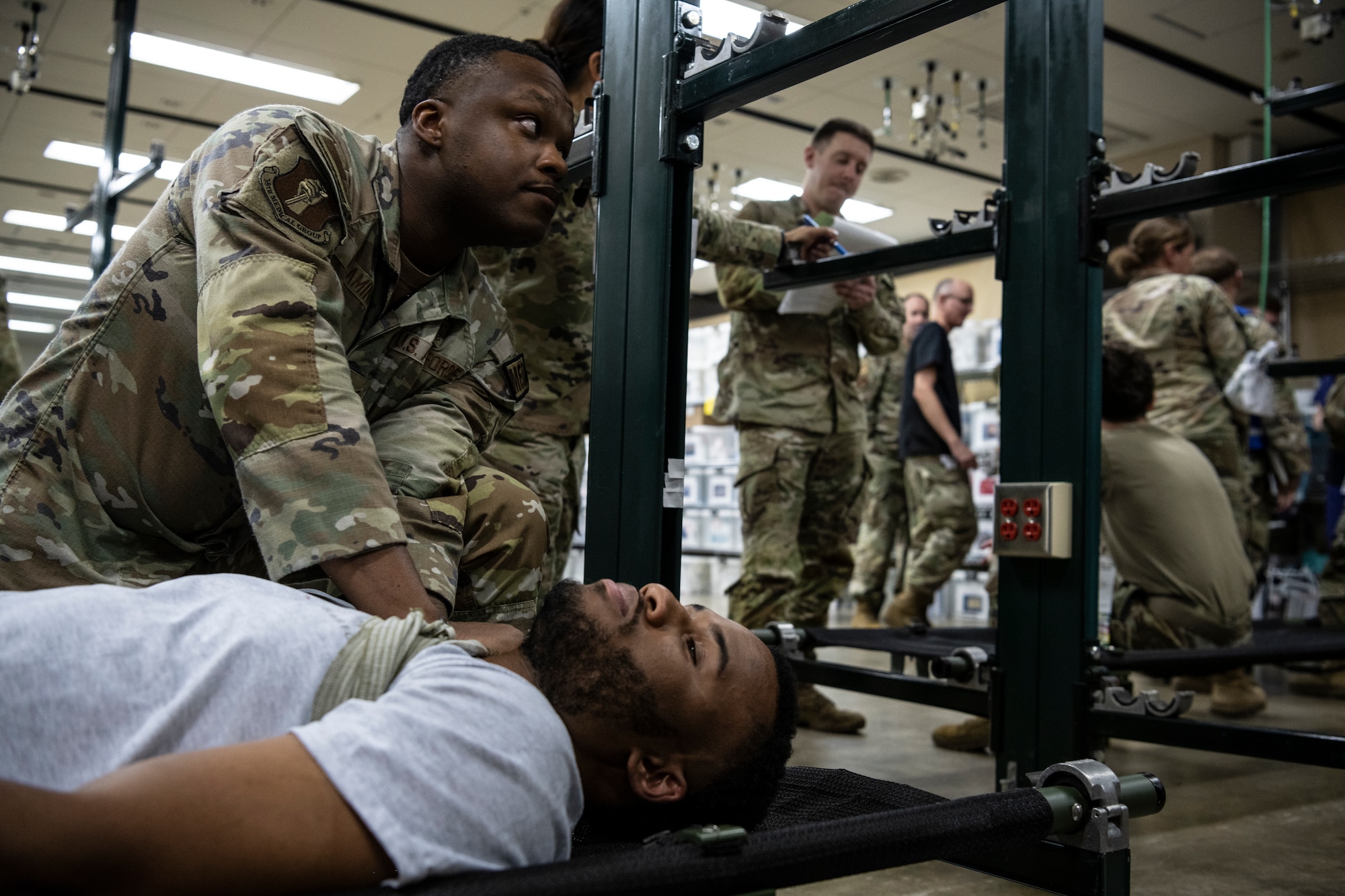 U.S. Airmen with the 35th Medical Group receive casualties during an active shooter exercise at Misawa Air Base, Japan, Aug. 1, 2024.