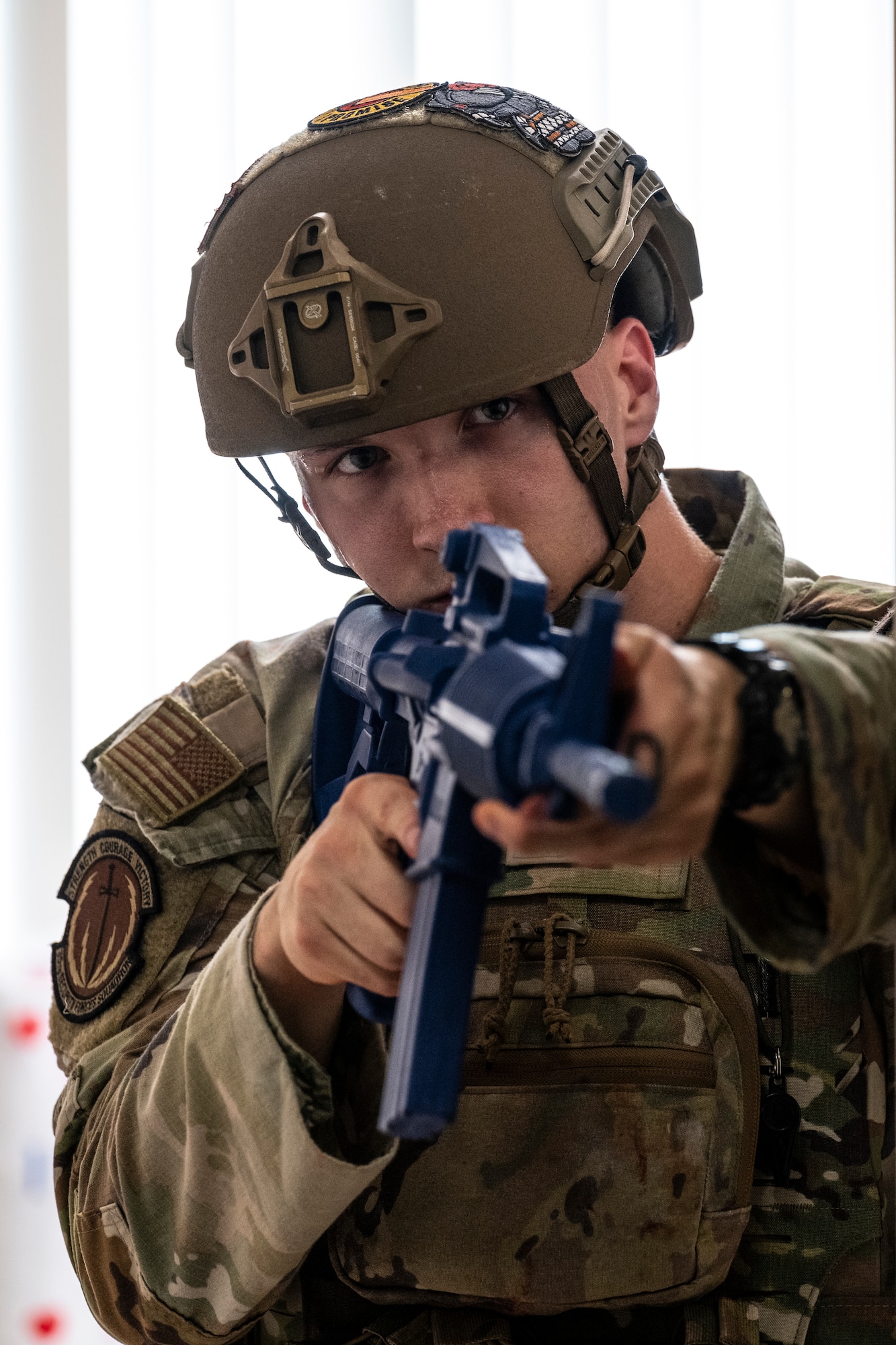 U.S. Air Force Senior Airman Taylor Rouch, 35th Security Forces Squadron member, provides perimeter security during an active shooter exercise at Misawa Air Base, Japan, Aug. 1, 2024.