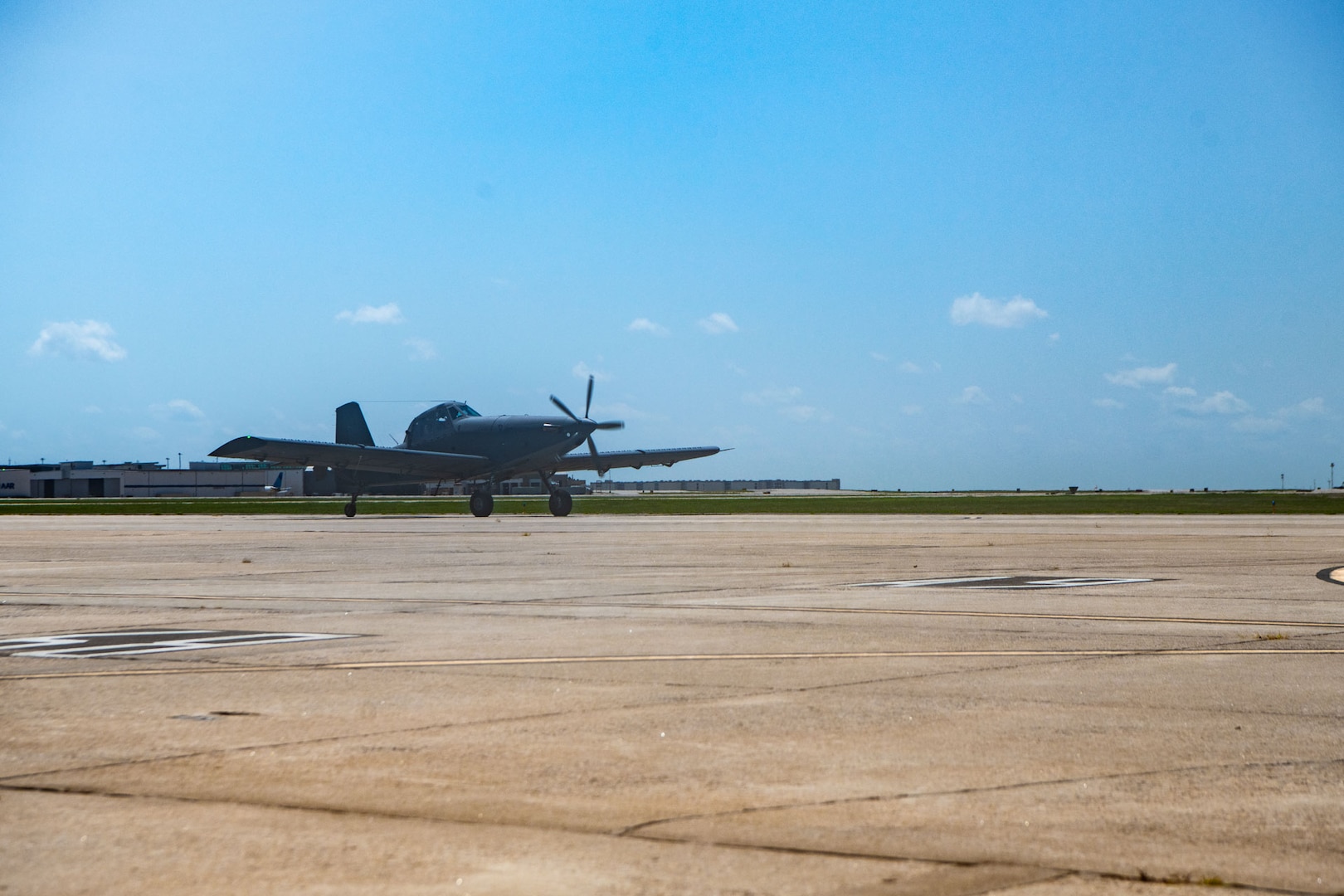 The 137th Special Operations Wing welcomes its first AT-802U trainer aircraft at Will Rogers Air National Guard Base, Oklahoma City, July 29, 2024, following test pilot training at Hurlburt Field, Florida. The AT-802U trainer aircraft will be used to train initial cadre in a representative tail wheel aircraft in preparation for the missionized Armed Overwatch (OA-1K) variant. Secretary of the Air Force Frank Kendall selected WRANGB for the Total Force Integration OA-1K Formal Training Unit. The OA-1K is a low-cost, multirole, rapidly-deployable, small-to-medium size aircraft system to support geographically isolated special operations personnel. The aircraft will perform close air support, precision strike, armed intelligence, surveillance and reconnaissance in austere and permissive environments. (U.S. Air National Guard photo by Senior Airman Erika Chapa)