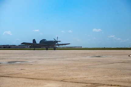 The 137th Special Operations Wing welcomes its first AT-802U trainer aircraft at Will Rogers Air National Guard Base, Oklahoma City, July 29, 2024, following test pilot training at Hurlburt Field, Florida. The AT-802U trainer aircraft will be used to train initial cadre in a representative tail wheel aircraft in preparation for the missionized Armed Overwatch (OA-1K) variant. Secretary of the Air Force Frank Kendall selected WRANGB for the Total Force Integration OA-1K Formal Training Unit. The OA-1K is a low-cost, multirole, rapidly-deployable, small-to-medium size aircraft system to support geographically isolated special operations personnel. The aircraft will perform close air support, precision strike, armed intelligence, surveillance and reconnaissance in austere and permissive environments. (U.S. Air National Guard photo by Senior Airman Erika Chapa)