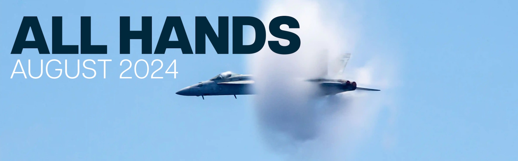 Plane flying through cloud on clear blue sky background with navy blue text "all hands" with white text "august 2024"