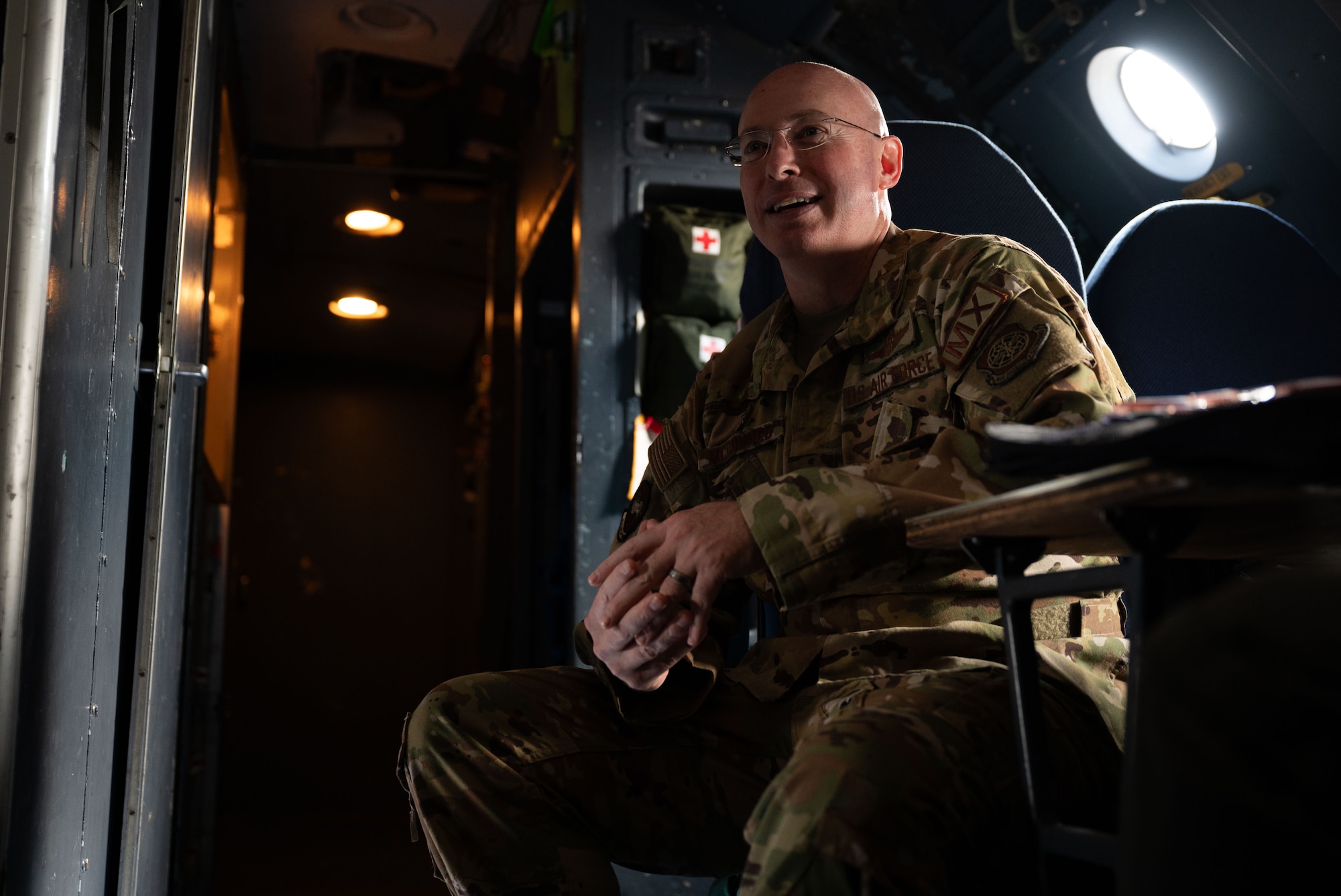 U.S. Air Force Col. Chris McDonald, 436th Airlift Wing commander, sits aboard a C-5M Super Galaxy before take off at Dover Air Force Base, Delaware, July 31, 2024. McDonald flew to Westover Air Reserve Base to connect with Airmen, learn about new technologies and conduct an all-call to members of the 436th Maintenance Squadron, Operating Location Alpha, a tenant unit of the 436th AW. (U.S. Air Force photo by Airman Liberty Matthews)
