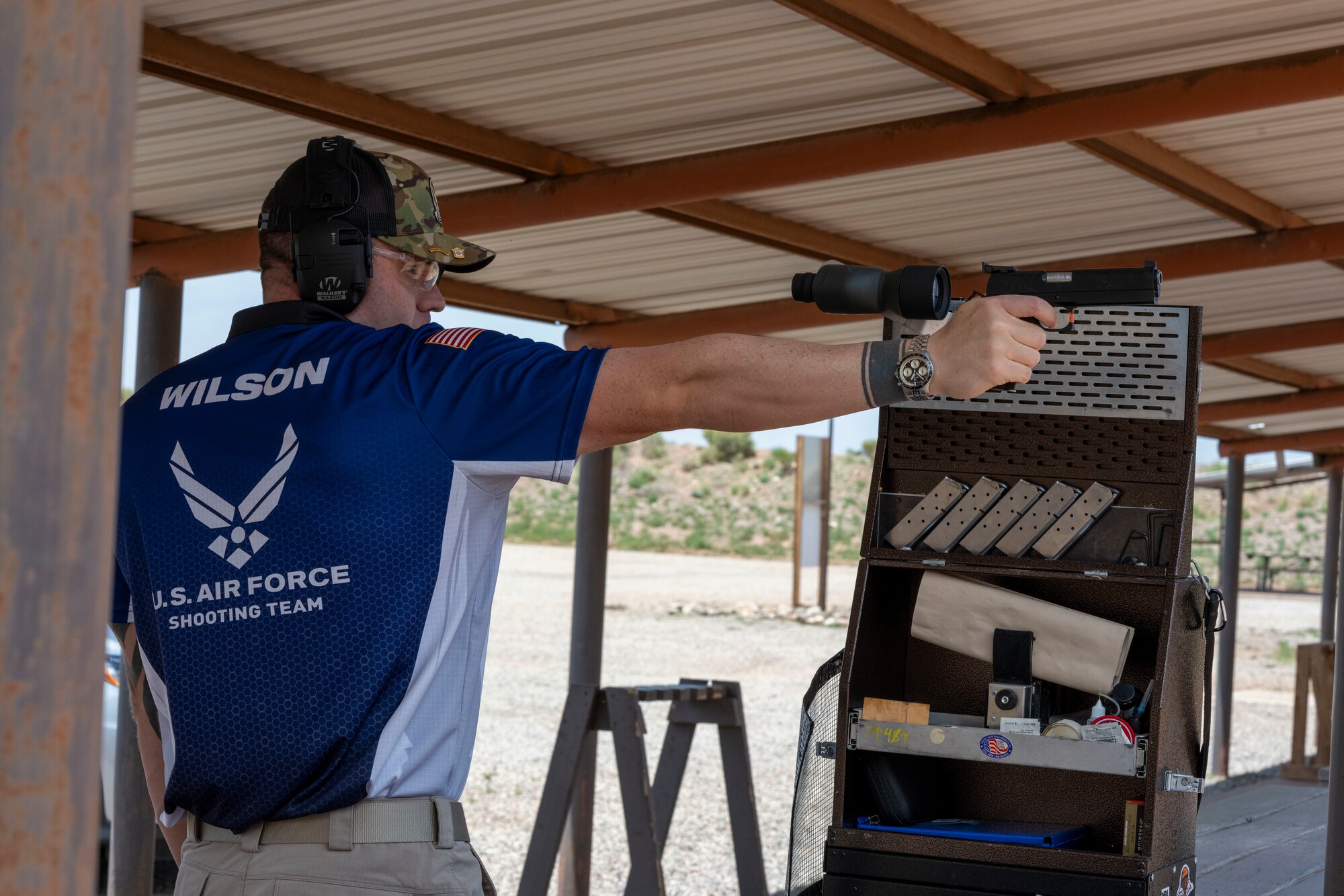 U.S. Air Force Master Sgt. Andrew Wilson, 8th Aircraft Maintenance Unit specialist section chief, prepares to shoot a target at La Luz, New Mexico, July 28, 2024. Wilson is a skilled marksman and has achieved the President’s Hundred tab, the Distinguished Marksman Badge, and most recently won the 2024 General Curtis LeMay Trophy at Camp Perry, Ohio. (U.S. Air Force photo by Airman 1st Class Michelle Ferrari)