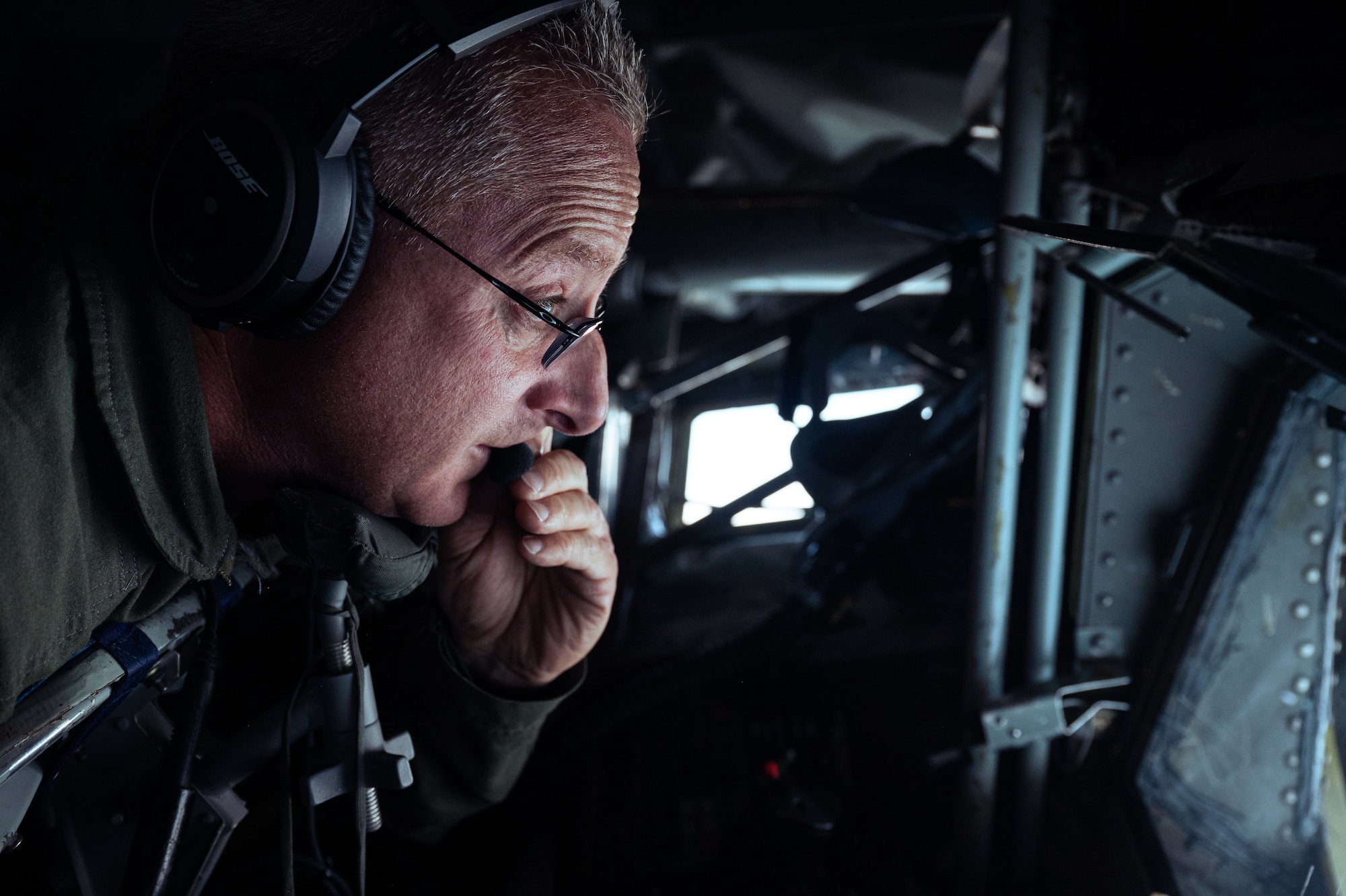 Master Sgt. Maurice "Moe" Shivers III, a Boom Operator with the 328th Air Refueling Squadron, speaks to a pilot of an F-16C Fighting Falcon while on a refueling track August 1, 2024, somewhere over the Northeastern United States.