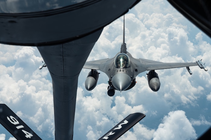 An F-16C Fighting Falcon attached to the 177th Fighter Wing, approaches a KC-135R Stratotanker from the 914th Air Refueling Wing, Niagara Falls Air Reserve Station.