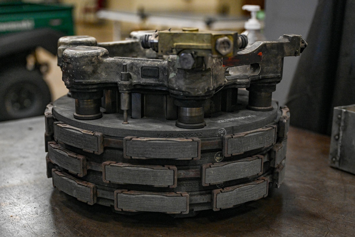 A carbon brake sits on a table.