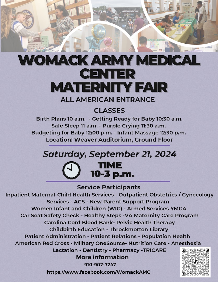 Maternity Fair classes at Womack Army Medical Center's Weaver Auditorium on September 21, 2024. Classes begin at 10:00 a.m. and end at 3:00 p.m.