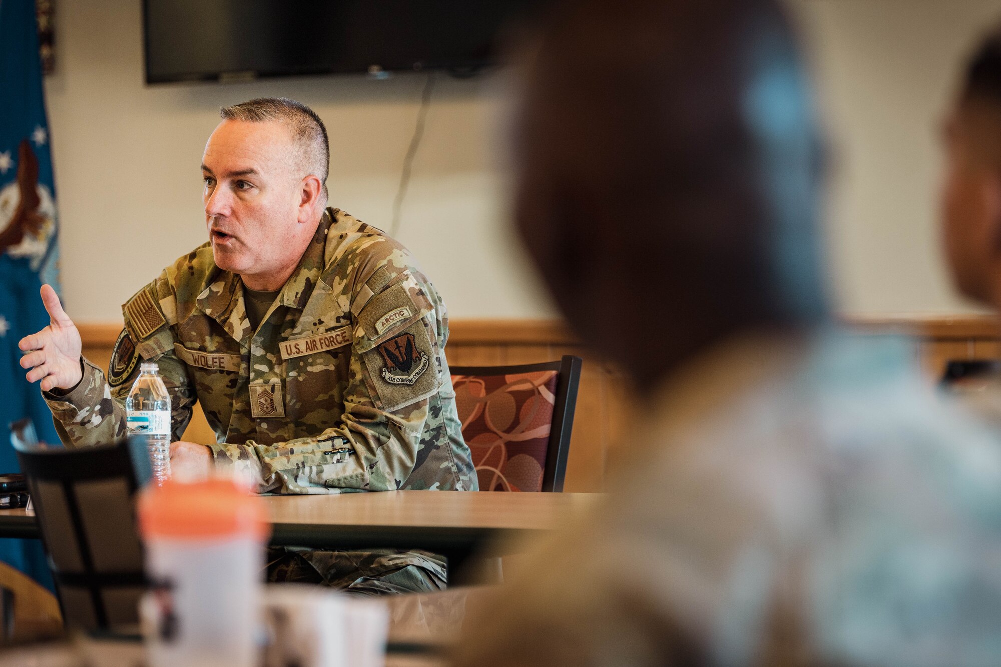 U.S. Air Force Command Chief Master Sgt. Dave Wolfe, Air Combat Command, engages with Luke Air Force Base first sergeants, Jul. 26, 2024, at Luke AFB, Arizona. Wolfe answered questions about ACC priorities and provided guidance on the importance of their role.