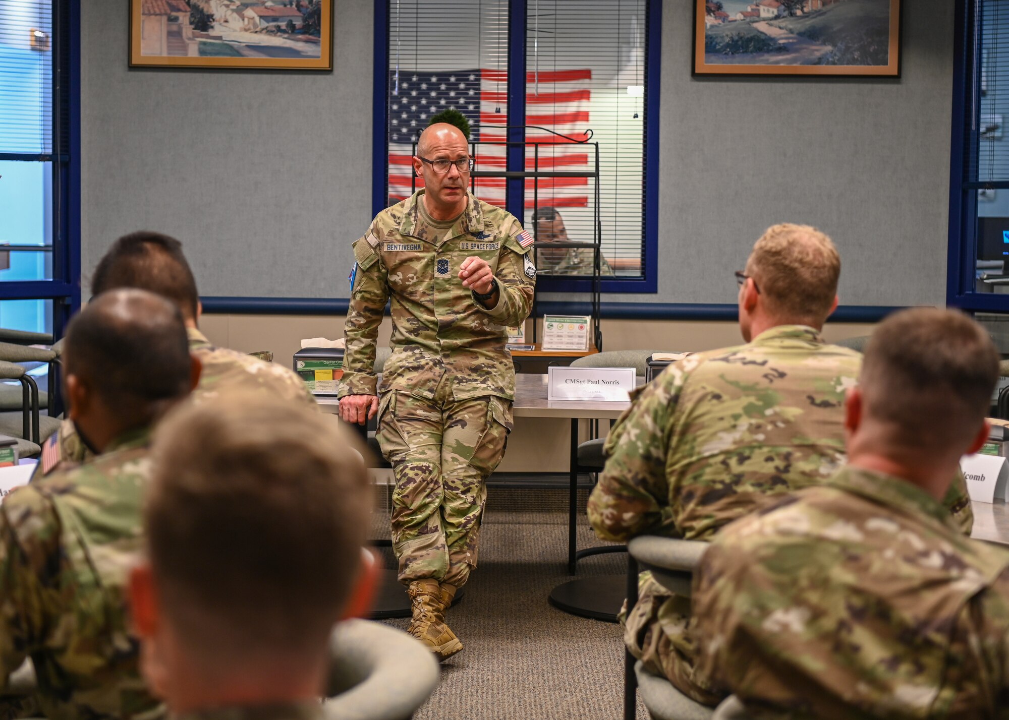 Chief Master Sergeant of the Space Force John Bentivegna has lunch with Guardians and Airmen during a tour of Vandenberg Space Force Base.