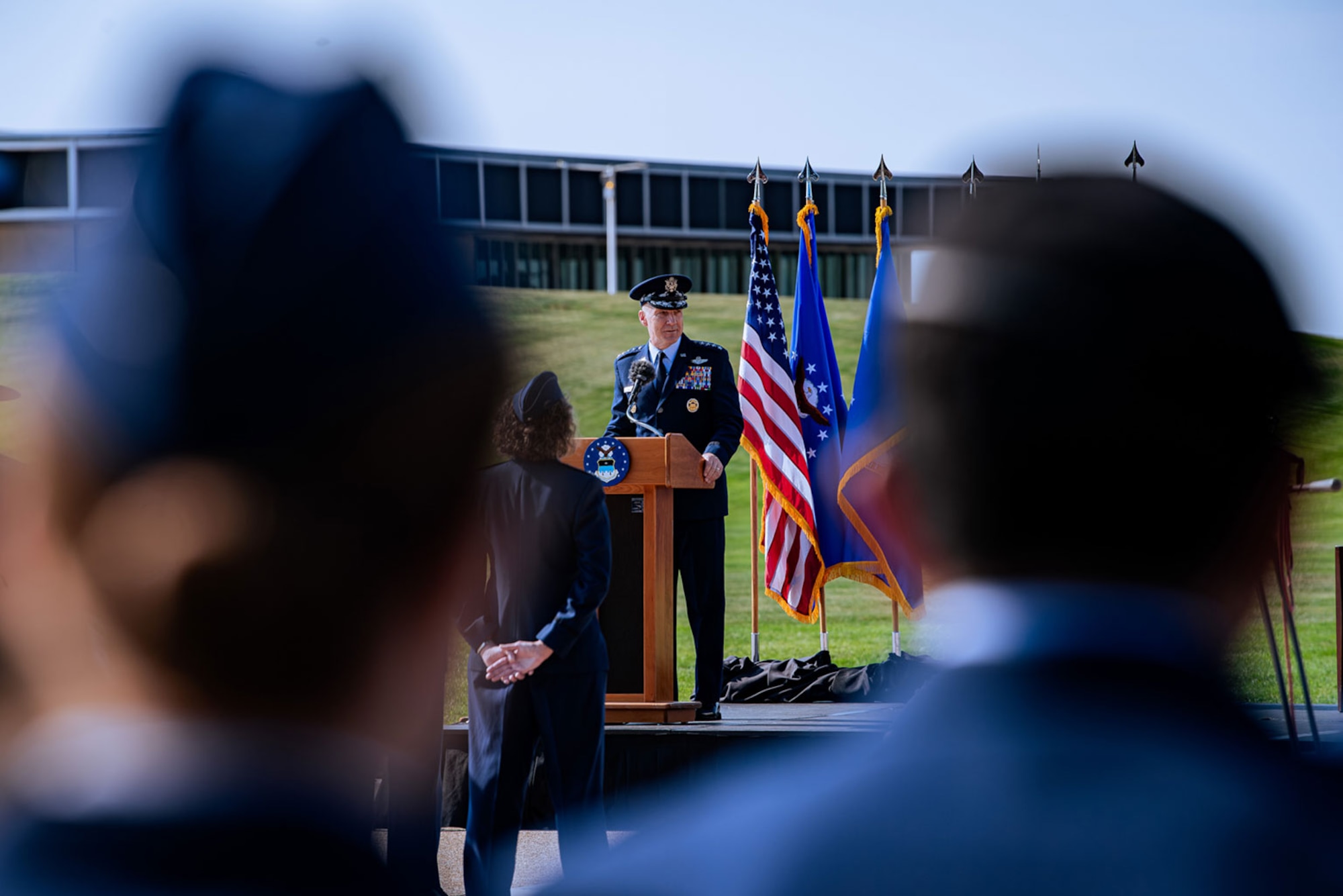 U.S. Air Force Chief of Staff Gen. David Allvin addresses attendees at an assumption of command ceremony held at the U.S. Air Force Academy, Colo., Aug. 2, 2024. Lt. Gen. Tony Bauernfeind became the 22nd Academy superintendent following the retirement of Lt. Gen. Richard M. Clark June 1, 2024. (U.S. Air Force photo by Dylan Smith)