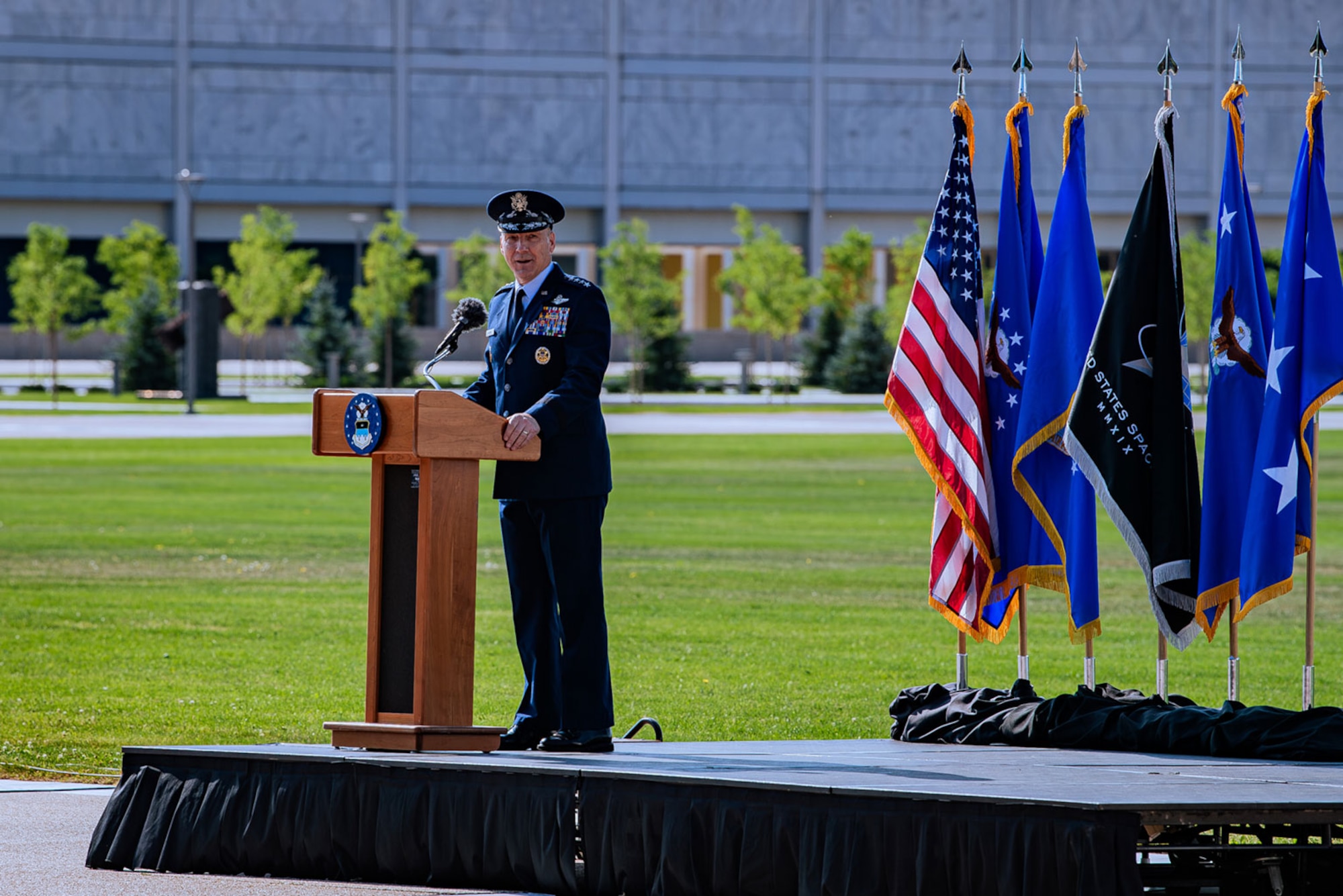 U.S. Air Force Chief of Staff Gen. David Allvin addresses attendees at an assumption of command ceremony held at the U.S. Air Force Academy, Colo., Aug. 2, 2024. Lt. Gen. Tony Bauernfeind became the 22nd Academy superintendent following the retirement of Lt. Gen. Richard M. Clark June 1, 2024. (U.S. Air Force photo by Dylan Smith)