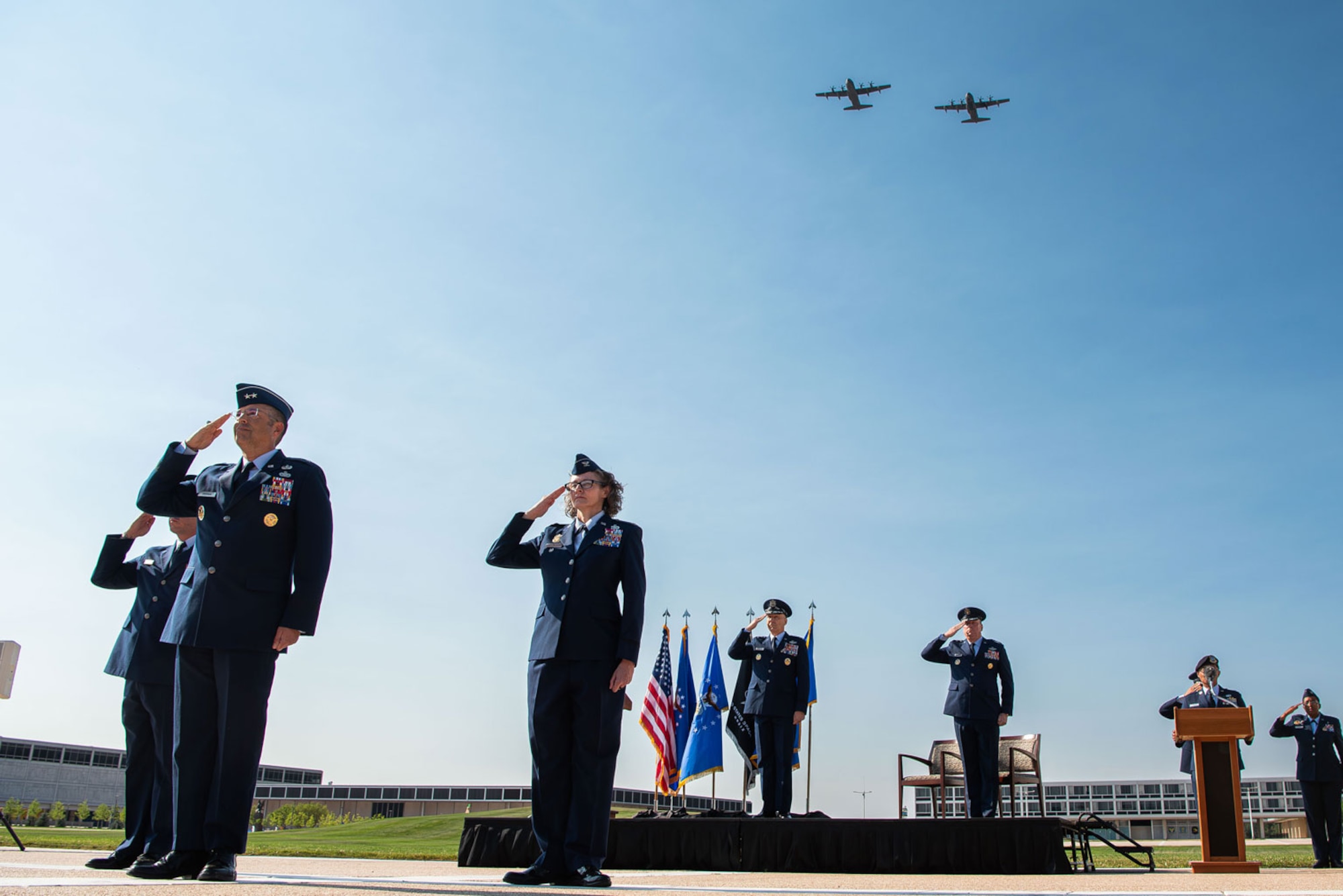 MC-130 Commando aircraft fly over the U.S. Air Force Academy Assumption of Command ceremony held at the Academy, Colo., Aug. 2, 2024. Lt. Gen. Tony Bauernfeind, previously U.S. Air Force Special Operations Command’s top general and a command pilot with thousands of hours in the MC-130, became the 22nd Academy superintendent during the ceremony. (U.S. Air Force photo by Trevor Cokley)