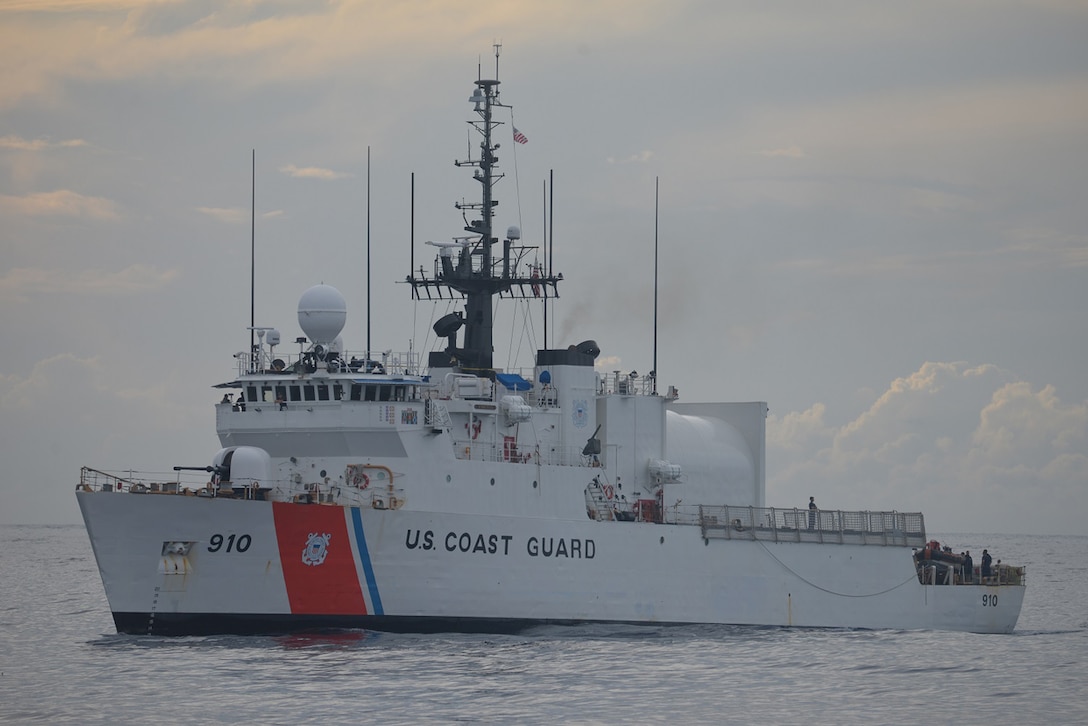 U.S. Coast Guard Cutter Thetis (WMEC 910) a 270-foot Famous-class cutter, conducts a counter-narcotics patrol in the Caribbean Sea, June 19, 2022. The Cutter Thetis is homeported in Key West. Florida. (U.S. Coast Guard photo)