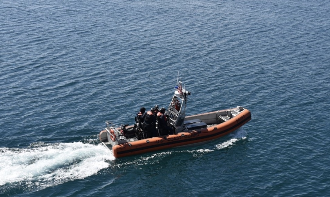 A Coast Guard Cutter Thetis (WMEC 910) small boat crew conducts at-sea drills in the Windward Passage, May 24, 2024. Thetis’ crew conducted a 75-day maritime safety and security patrol in the Windward Passage and Florida Straits. (U.S. Coast Guard photo by Ensign Robert Gomez)