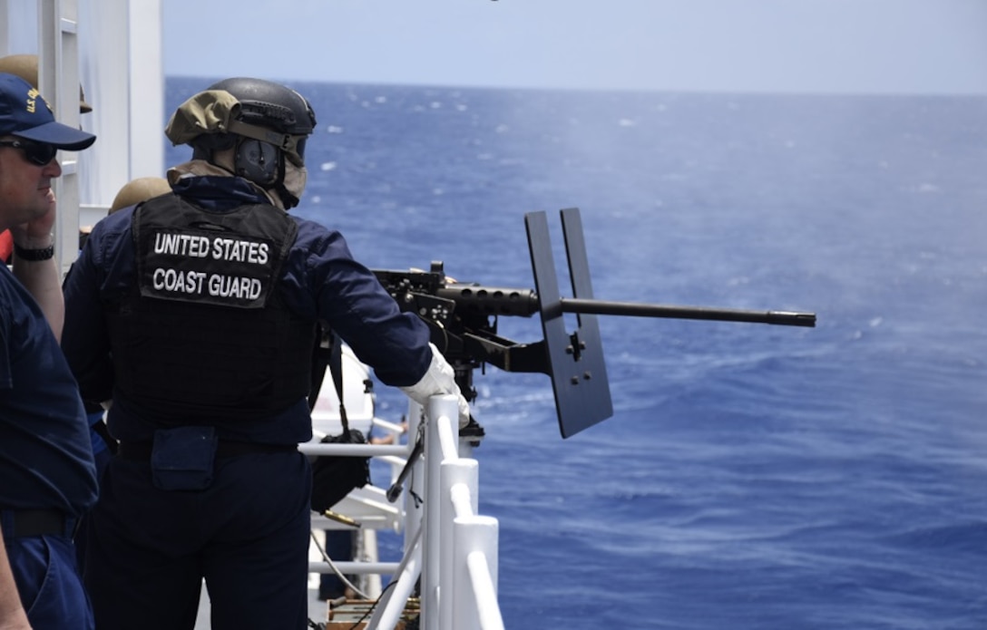 Coast Guard Cutter Thetis (WMEC 910) crew members conduct gunnery exercises on a .50-caliber machine gun, June 29, 2024, while at sea in the Windward Passage. Thetis’ crew conducted a 75-day maritime safety and security patrol in the Windward Passage and Florida Straits. (U.S. Coast Guard photo by Ensign Robert Stankovich)