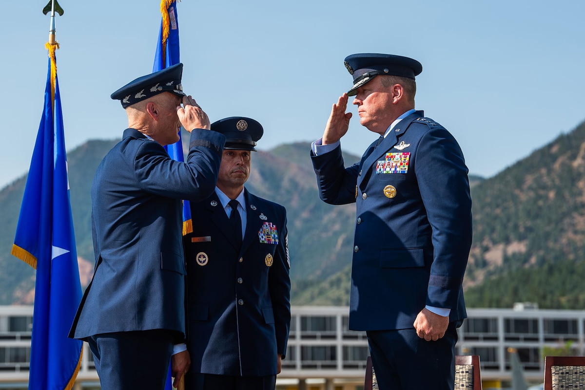 U.S. Air Force Chief of Staff Gen. David Allvin and the U.S. Air Force Academy’s newest Superintendent Lt. Gen. Tony Bauernfeind salute one another following the ceremonial passing of the unit flag during an assumption of command ceremony held at the Academy, Colo., Aug. 2, 2024. Bauernfeind became the 22nd Academy superintendent following the retirement of Lt. Gen. Richard M. Clark June 1, 2024. (U.S. Air Force photo by Trevor Cokley)