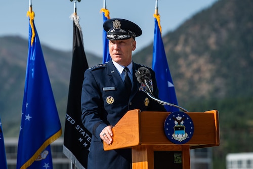 U.S. Air Force Chief of Staff Gen. David Allvin addresses attendees at an assumption of command ceremony held at the U.S. Air Force Academy, Colo., Aug. 2, 2024. Lt. Gen. Tony Bauernfeind became the 22nd Academy superintendent following the retirement of Lt. Gen. Richard M. Clark June 1, 2024. (U.S Air Force photo by Trevor Cokley)