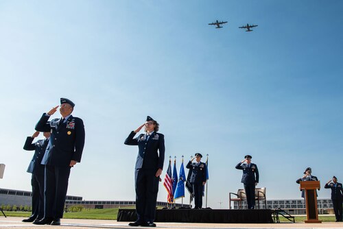 MC-130 Commando aircraft fly over the U.S. Air Force Academy Assumption of Command ceremony held at the Academy, Colo., Aug. 2, 2024. Lt. Gen. Tony Bauernfeind, previously U.S. Air Force Special Operations Command’s top general and a command pilot with thousands of hours in the MC-130, became the 22nd Academy superintendent during the ceremony. (U.S. Air Force photo by Trevor Cokley)