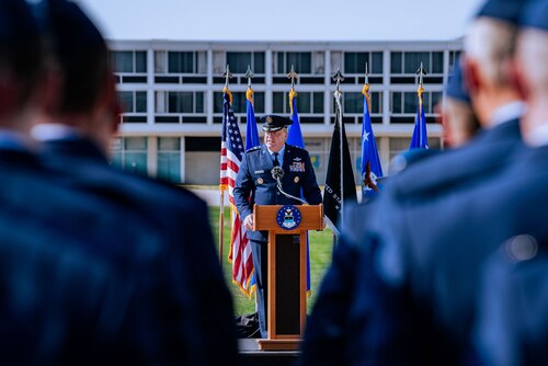 Lt. Gen. Tony Bauernfeind, the U.S. Air Force Academy’s 22nd superintendent, speaks to guests at his assumption of command ceremony held at the Academy, Colo., Aug. 2, 2024. The superintendent directs a 47-month program of military education and leadership development that produces leaders of character for the U.S. Air Force and U.S. Space Force. (U.S. Air Force photo by Dylan Smith)