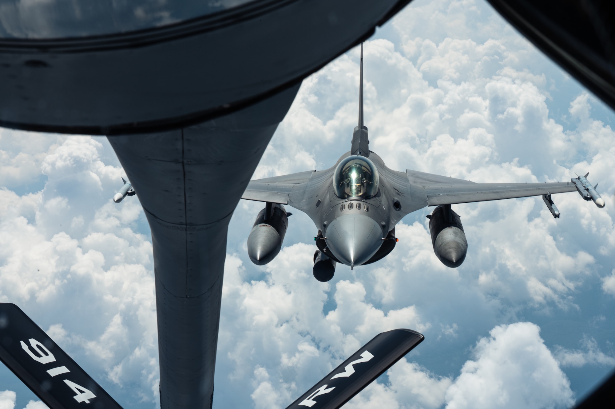 An F-16C Fighting Falcon attached to the 177th Fighter Wing, approaches a KC-135R Stratotanker from the 914th Air Refueling Wing, Niagara Falls Air Reserve Station.