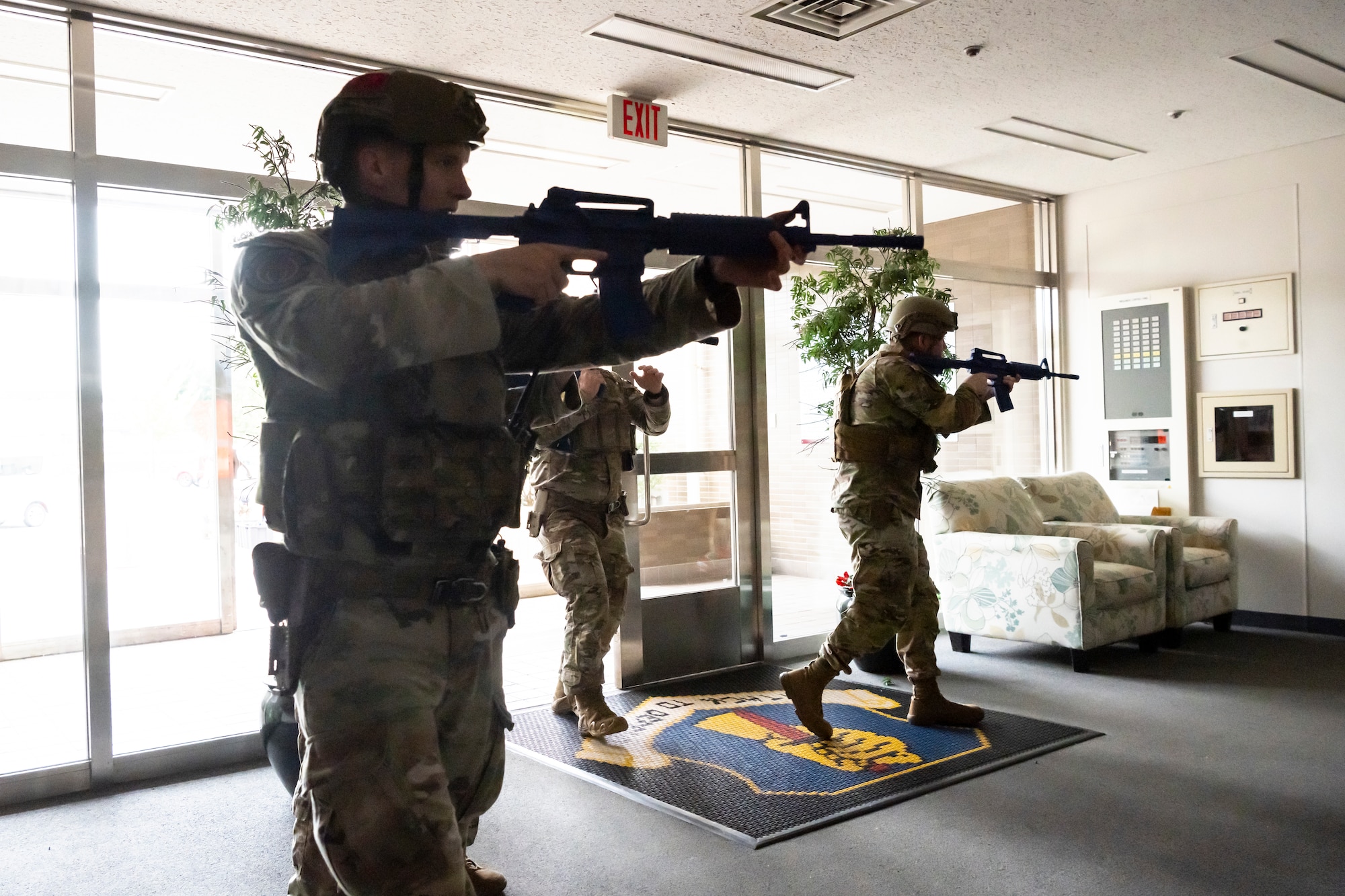 U.S. Airmen with the 35th Security Forces Squadron conduct an active shooter exercise at Misawa Air Base, Japan, Aug. 1, 2024.