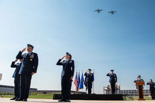MC-130 Commando aircraft fly over the U.S. Air Force Academy Assumption of Command ceremony held at the Academy, Colo., Aug. 2, 2024. Lt. Gen. Tony Bauernfeind, previously U.S. Air Force Special Operations Command’s top general and a command pilot with thousands of hours in the MC-130, became the 22nd Academy superintendent during the ceremony. (U.S. Air Force photo by Trevor Cokley)