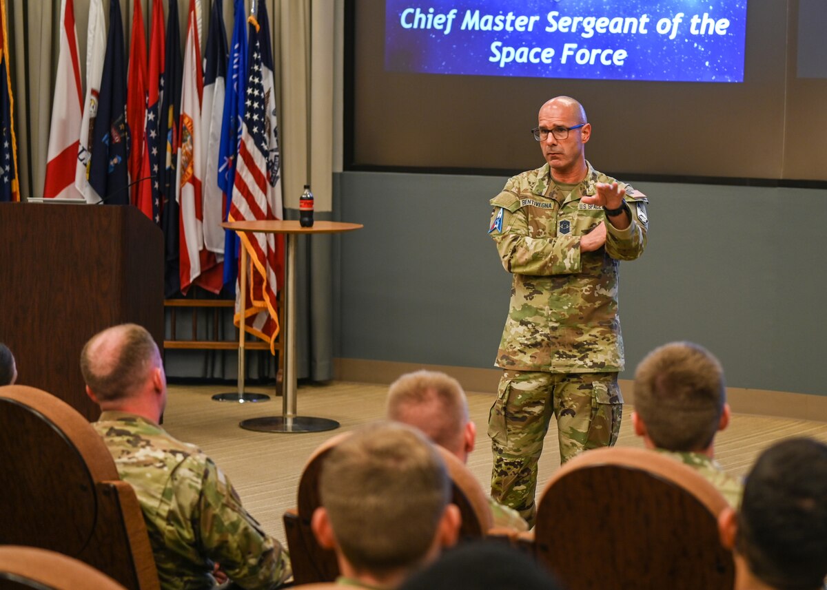 Chief Master Sergeant of the Space Force John Bentivegna hosts an All Call for the 533rd Training Squadron students during his visit at Vandenberg Space Force Base.