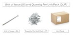Unit of Issue (UI) and Quantity Per Unit Pack (QUP) example showing the unit of issue for a nail example is EA which is each. QUP in example is 75 EA and the QUP will be within the single Unit Pack.